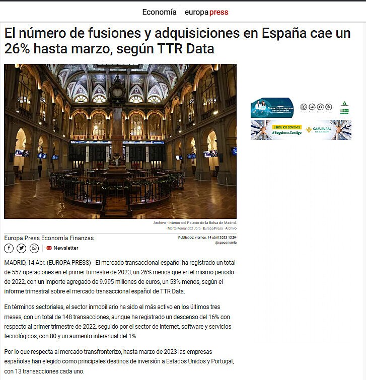 El nmero de fusiones y adquisiciones en Espaa cae un 26% hasta marzo, segn TTR Data